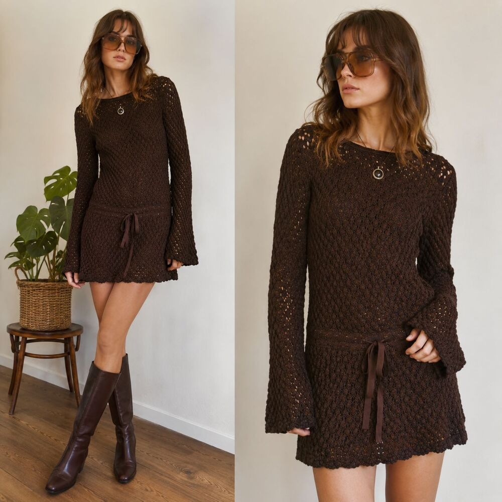 Vintage 70s Brown Crochet Knit Mini Dress Boho Bell Sleeve Drop Waist Sz Small??